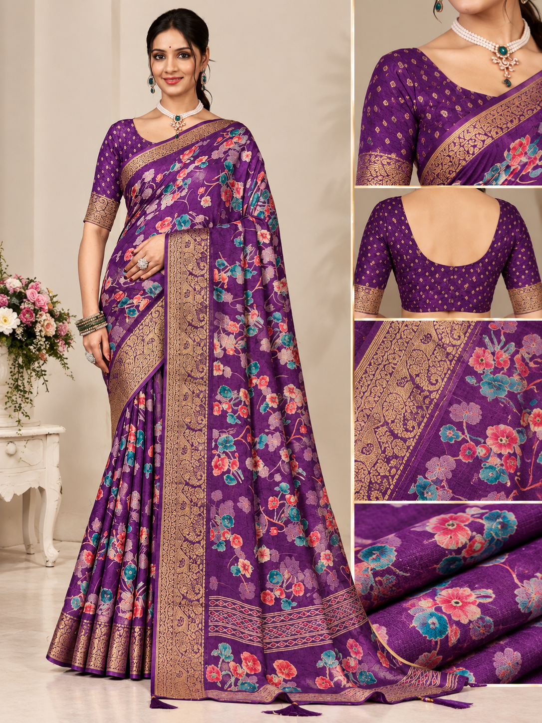 Elegant Purple Floral Chunari Saree with Golden Zari Border