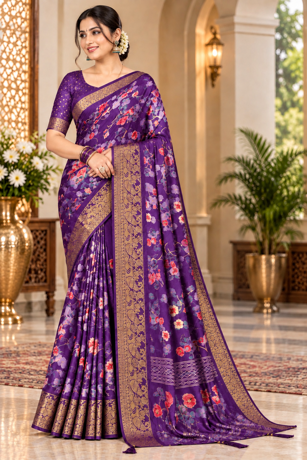 Elegant Purple Floral Chunari Saree with Golden Zari Border