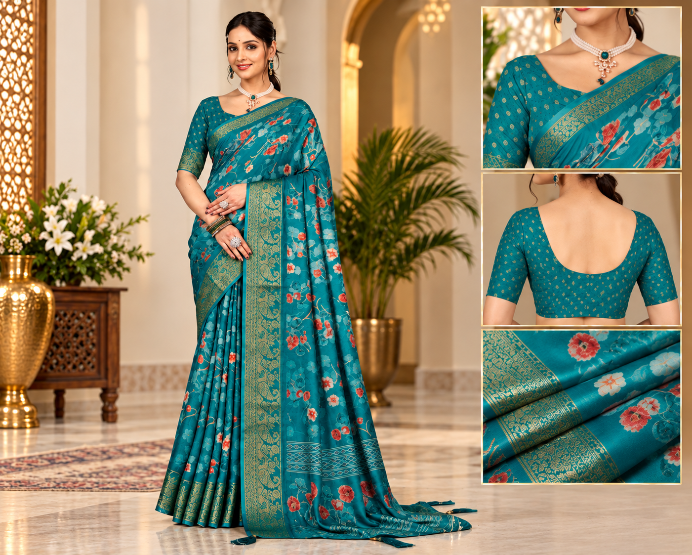 Teal Blue Floral Digital Printed Art Silk Saree Set
