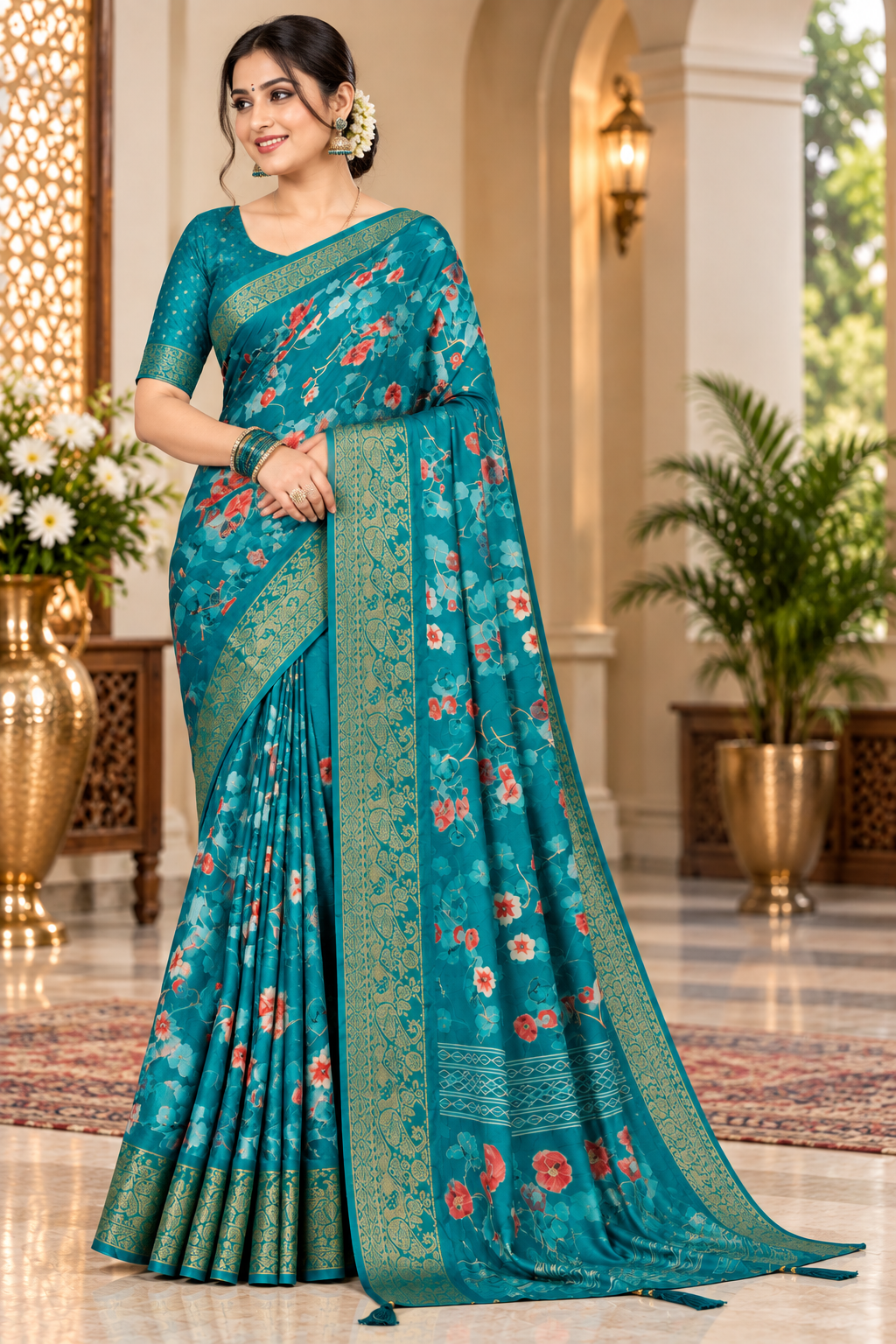 Teal Blue Floral Digital Printed Art Silk Saree Set