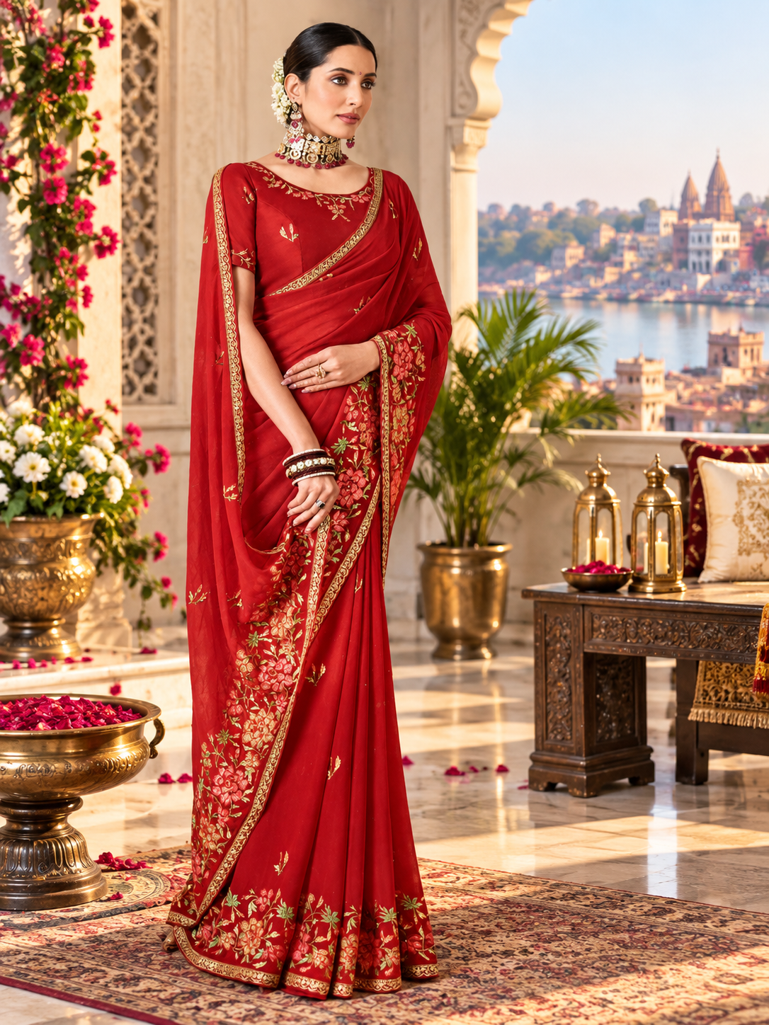 Crimson Red Floral Hand-Embroidered Georgette Saree Set