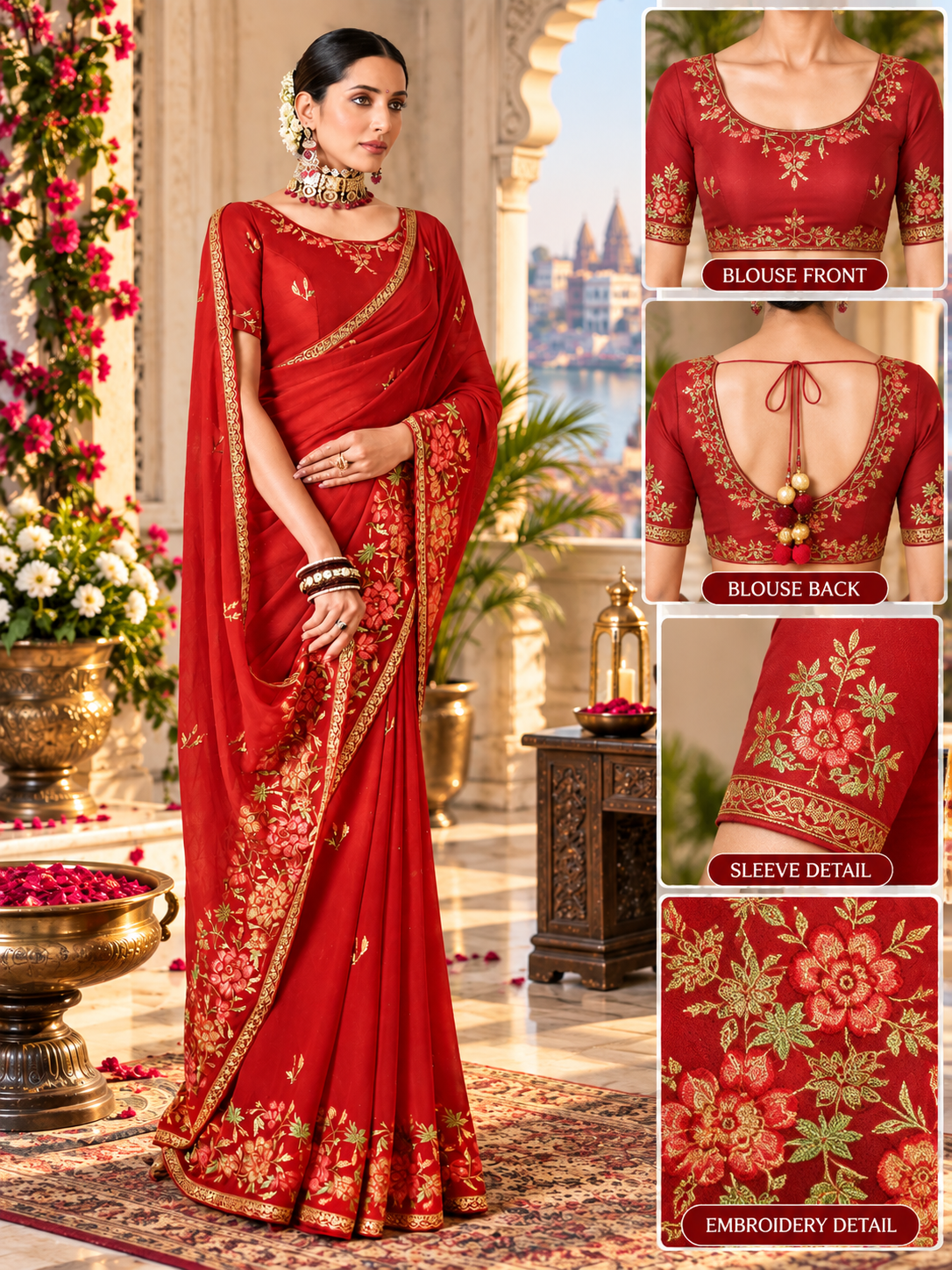 Crimson Red Floral Hand-Embroidered Georgette Saree Set