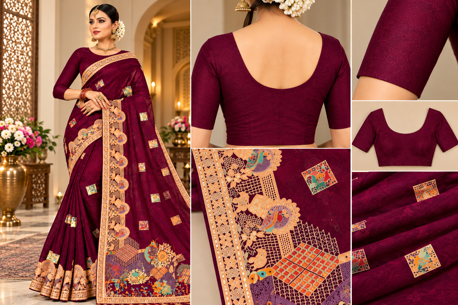 Royal Wine Purple Jacquard Silk Saree with Woven Zari & Patchwork Motif Border