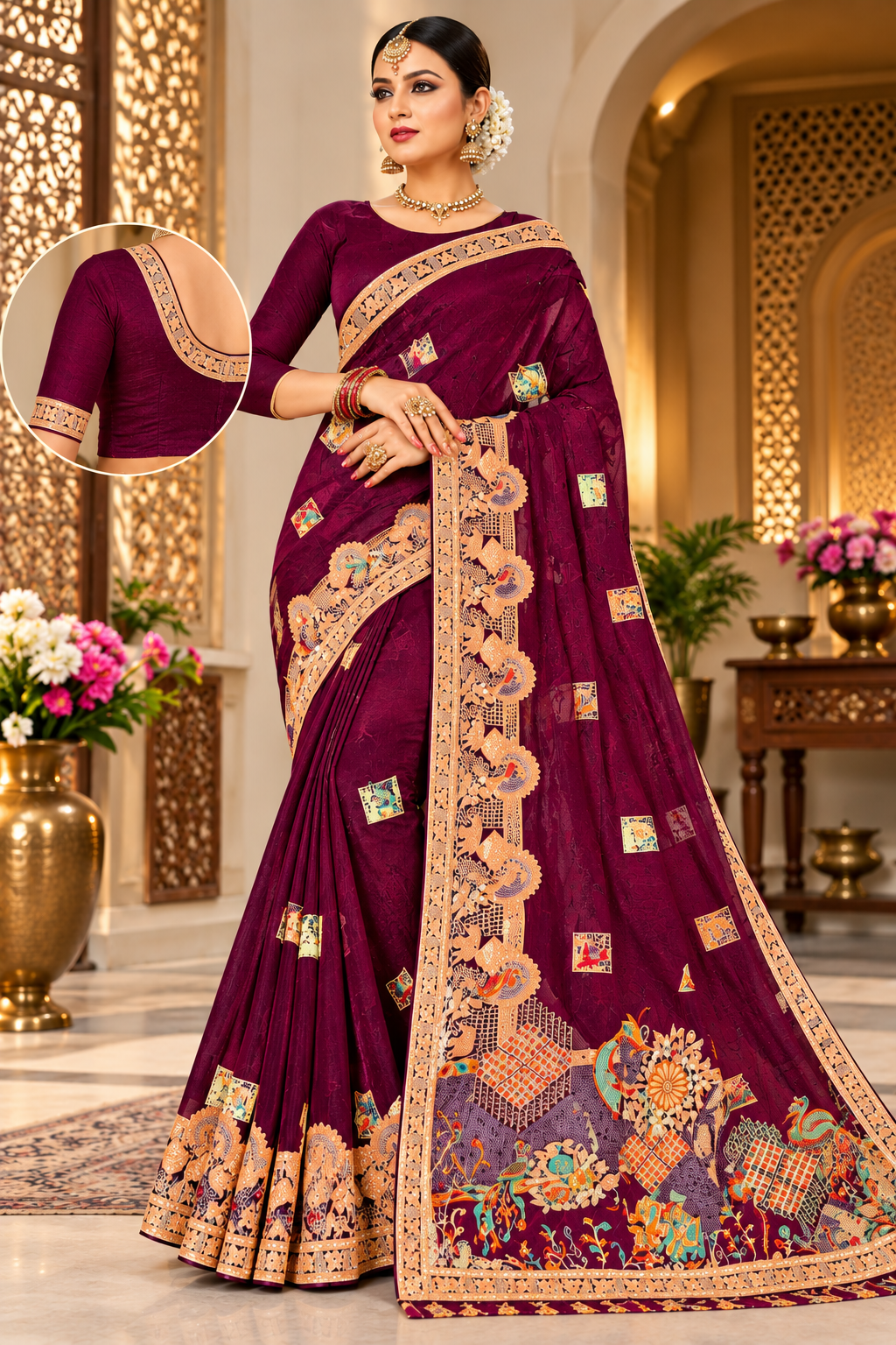 Royal Wine Purple Jacquard Silk Saree with Woven Zari & Patchwork Motif Border