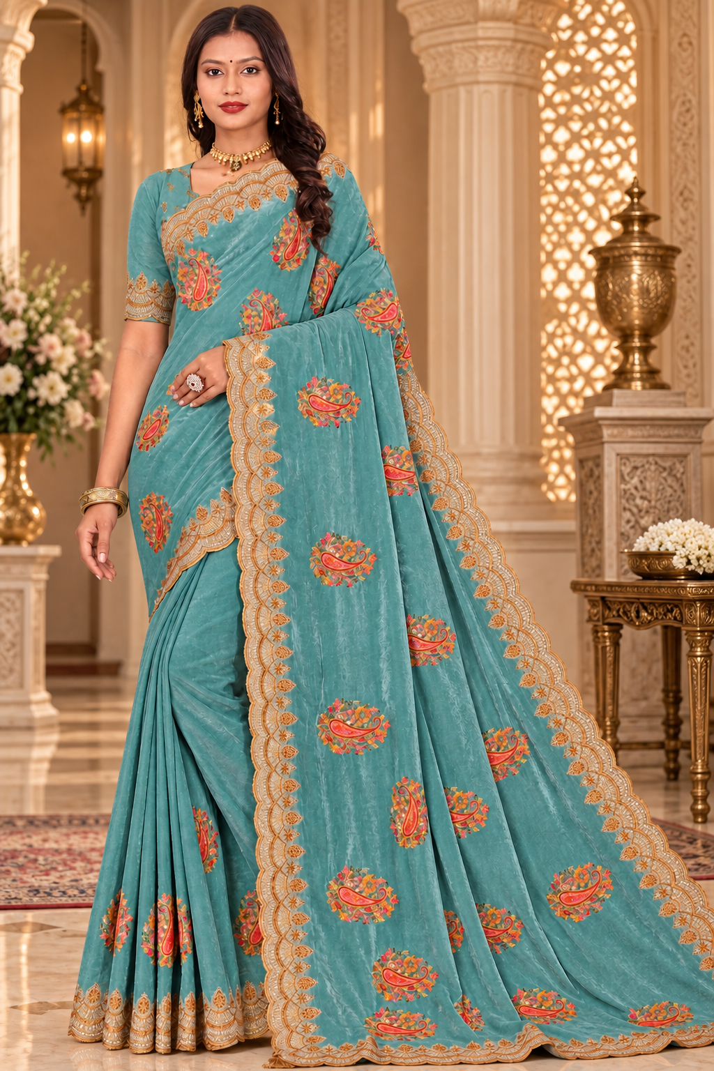 Teal Blue Designer Paisley Embroidered Saree with Golden Border