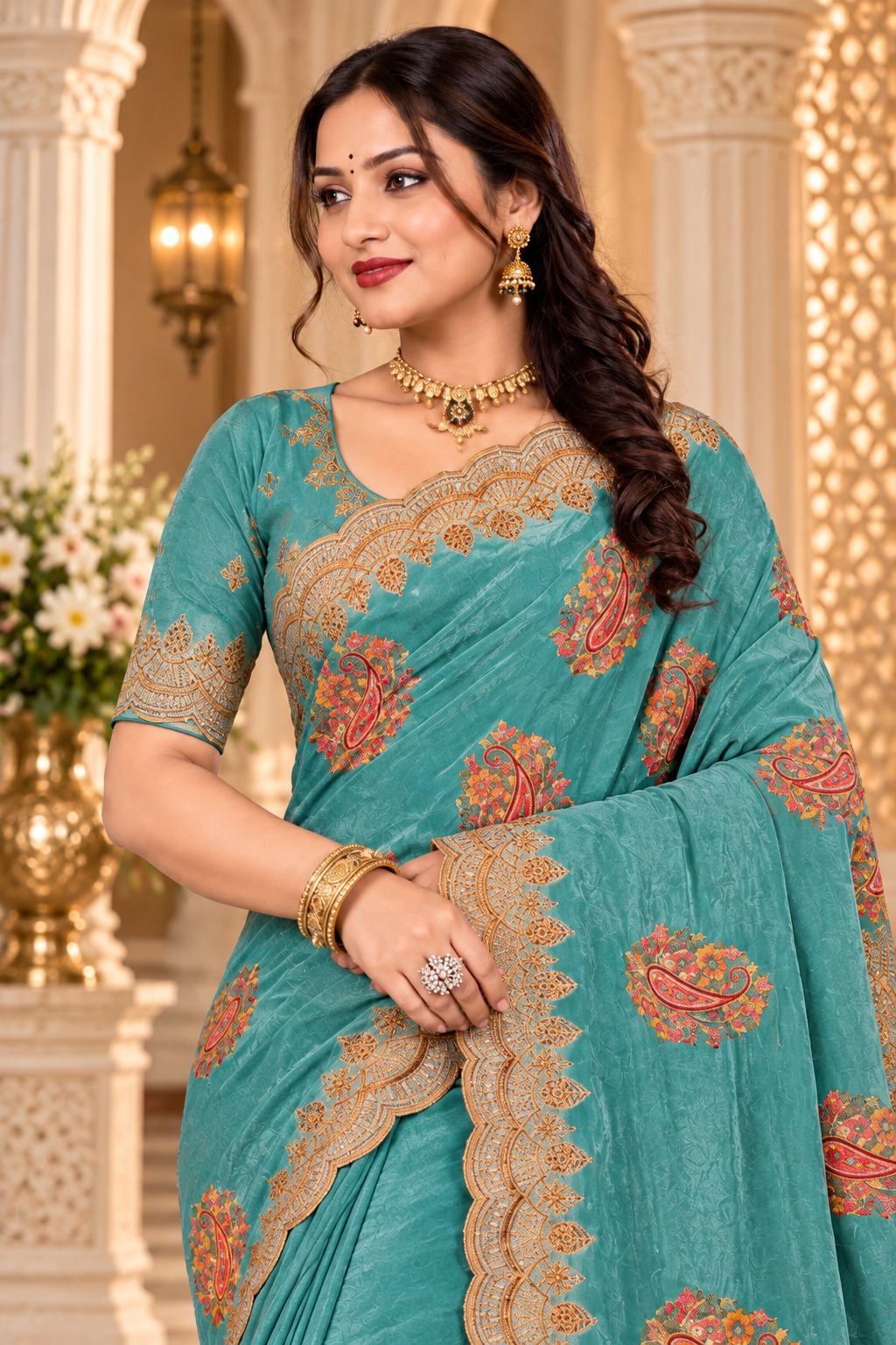 Teal Blue Designer Paisley Embroidered Saree with Golden Border