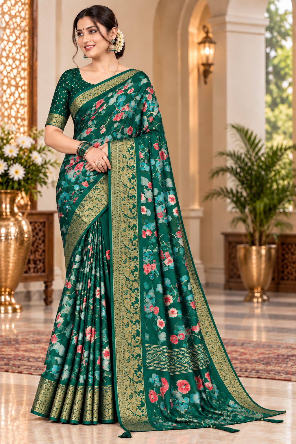 Bottle Green Floral Printed Saree with Golden Zari Border