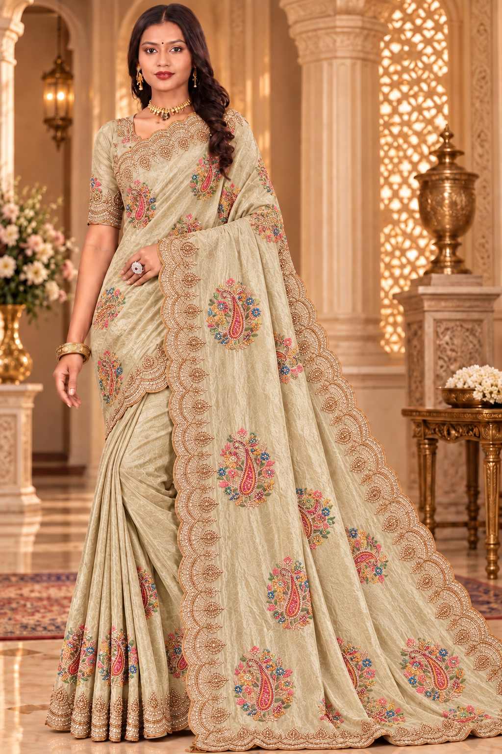 Beige Silk Saree with Floral Paisley Embroidery & Scalloped Zari Border
