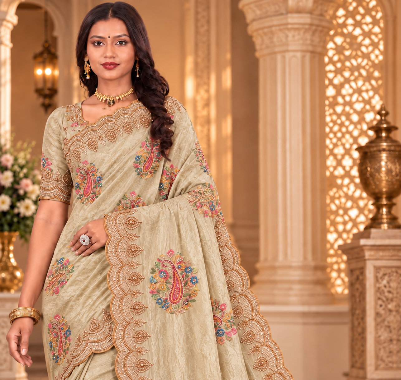 Beige Silk Saree with Floral Paisley Embroidery & Scalloped Zari Border