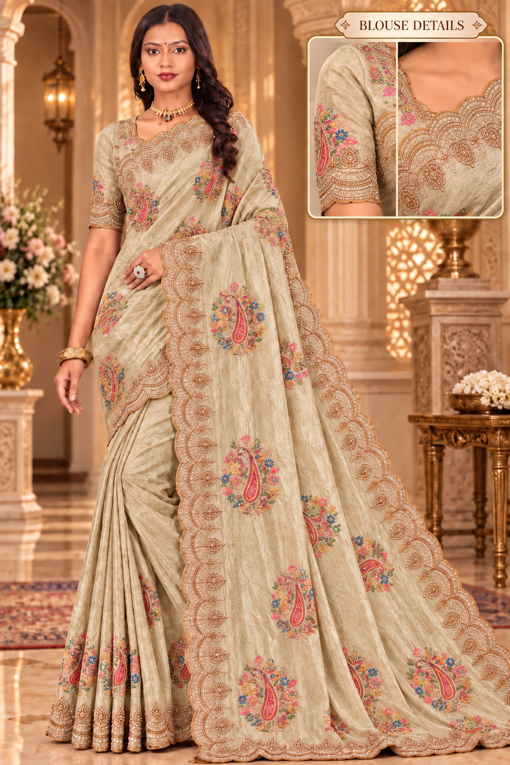Beige Silk Saree with Floral Paisley Embroidery & Scalloped Zari Border