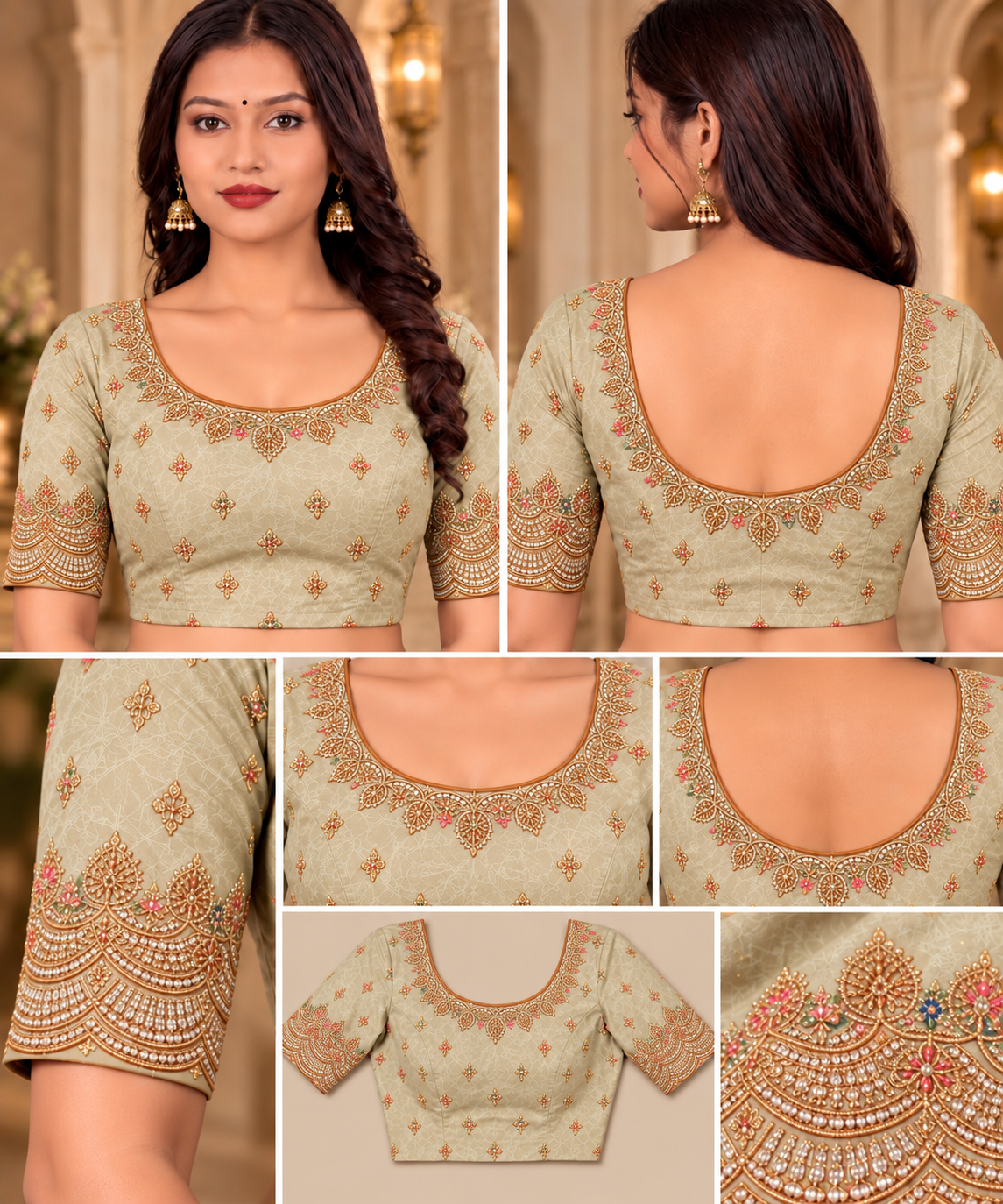 Beige Silk Saree with Floral Paisley Embroidery & Scalloped Zari Border