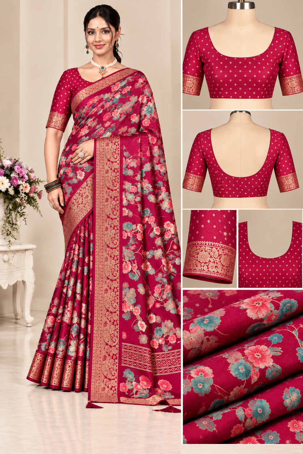 Magenta Pink Floral Printed Silk Saree with Zari Woven Border