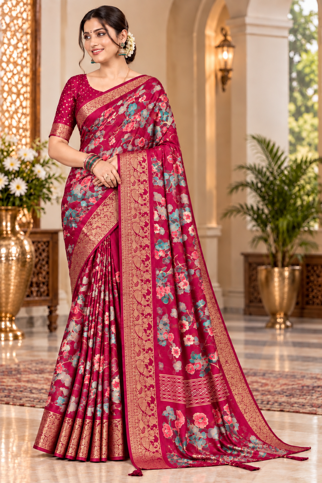 Magenta Pink Floral Printed Silk Saree with Zari Woven Border