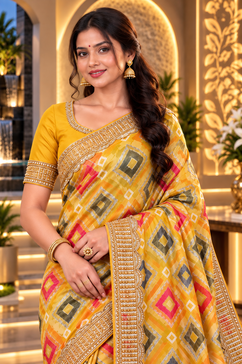 Mustard Yellow Geometric Printed Silk Saree with Heavy Zardozi Border
