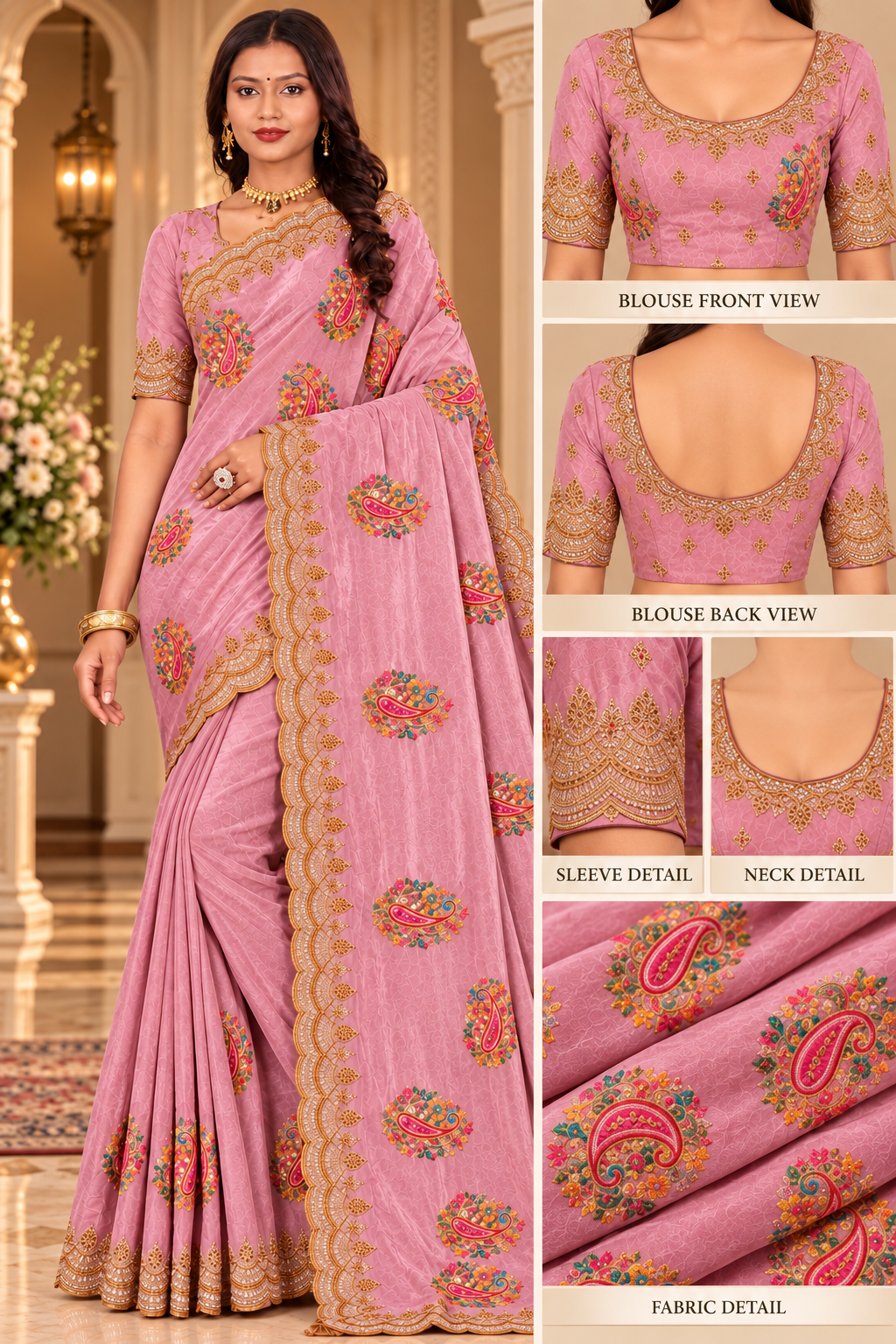 Dusty Pink Silk Saree with Paisley Threadwork & Heavy Scalloped Cutwork Border