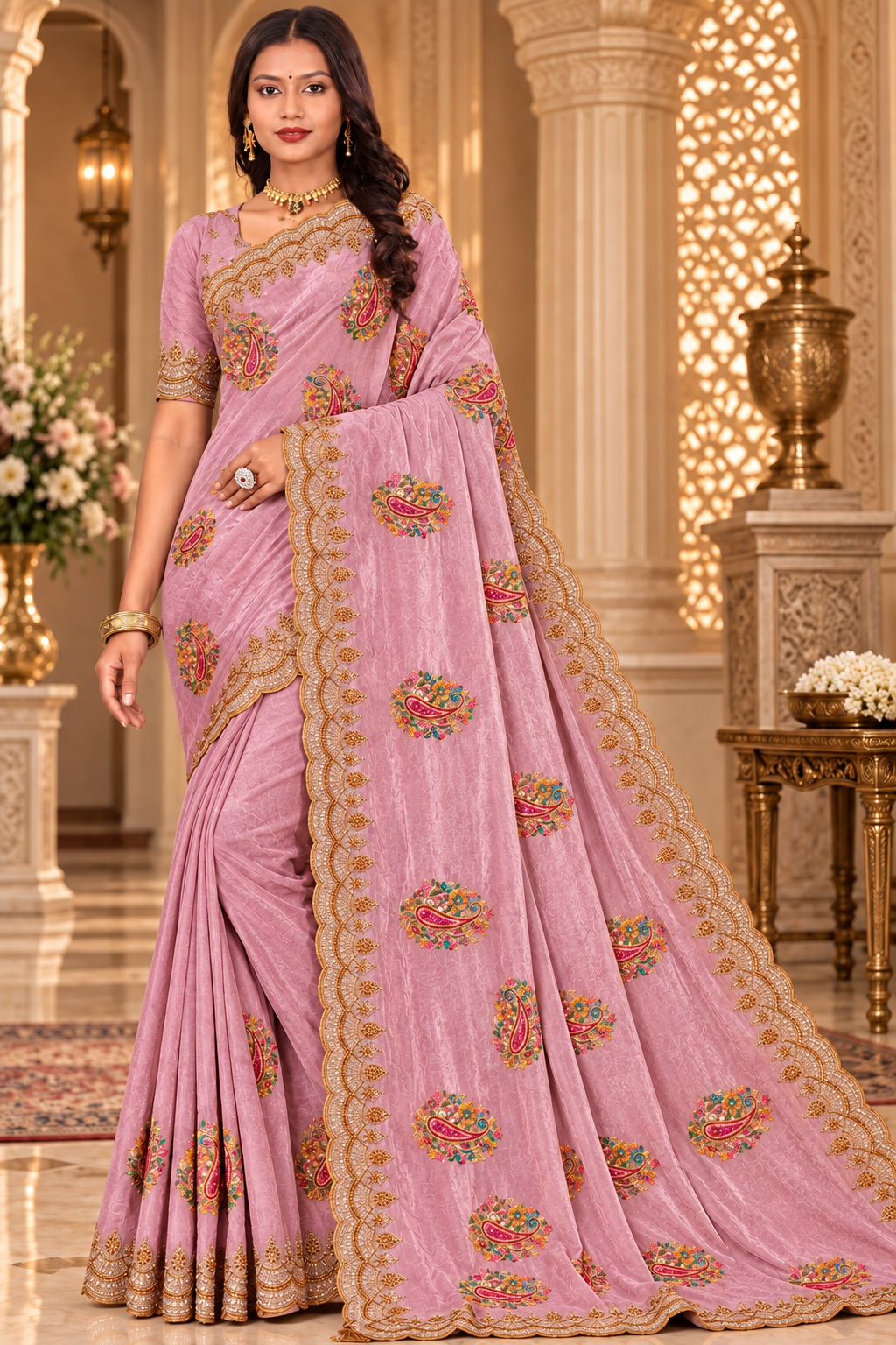 Dusty Pink Silk Saree with Paisley Threadwork & Heavy Scalloped Cutwork Border