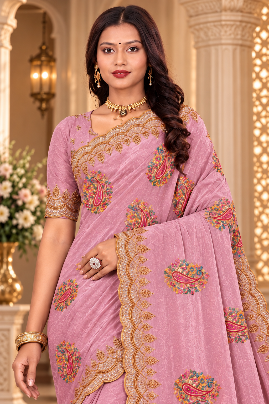 Dusty Pink Silk Saree with Paisley Threadwork & Heavy Scalloped Cutwork Border
