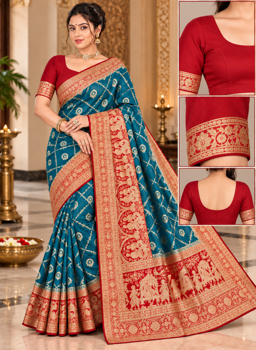 Peacock Blue Silk Saree with Crimson Red Banarasi Zari Border & Contrast Blouse