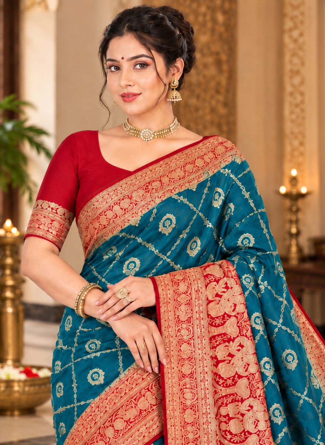 Peacock Blue Silk Saree with Crimson Red Banarasi Zari Border & Contrast Blouse