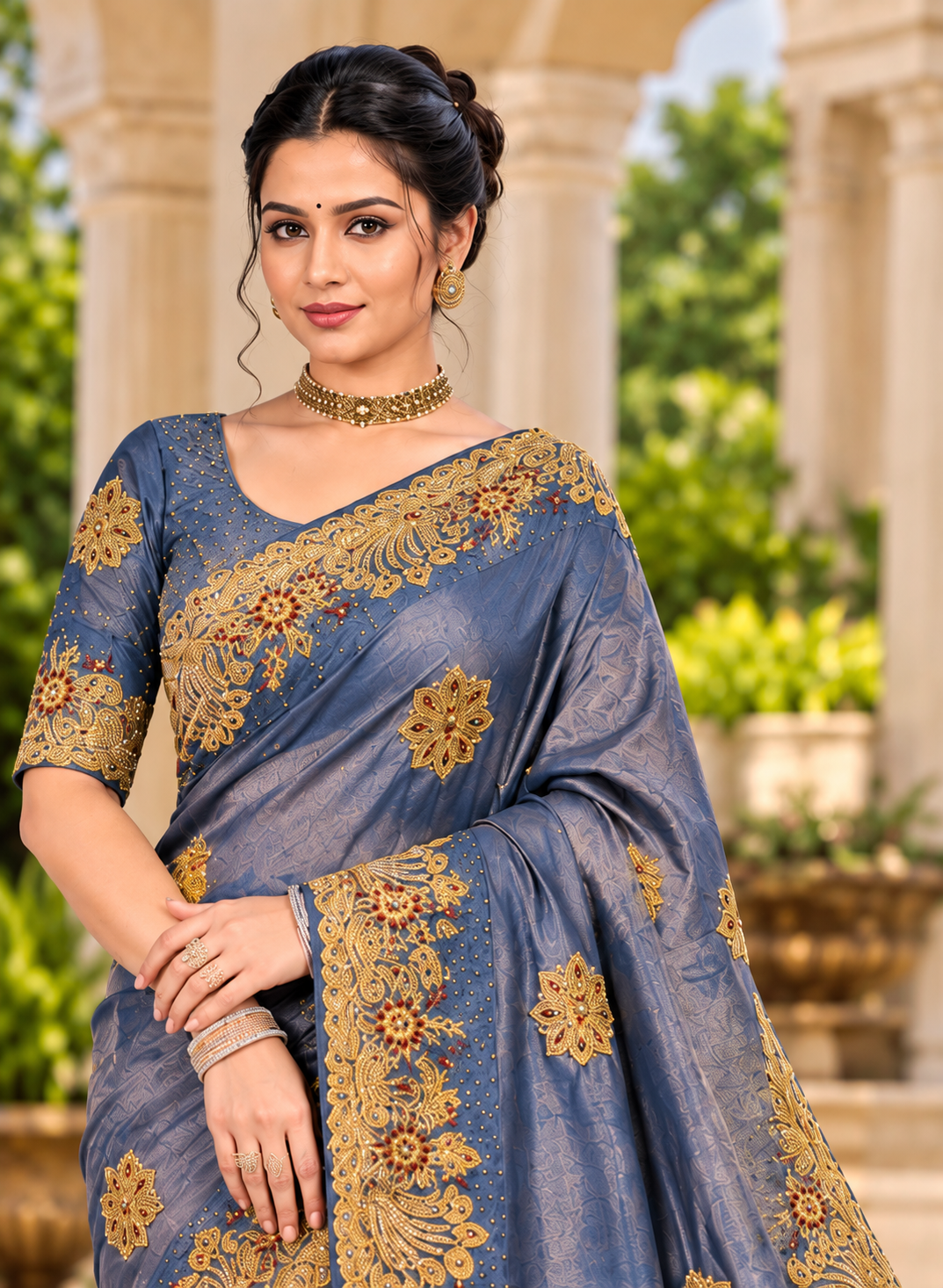 Slate Blue Textured Silk Saree with Heavy Zardozi Embroidery & Floral Motifs
