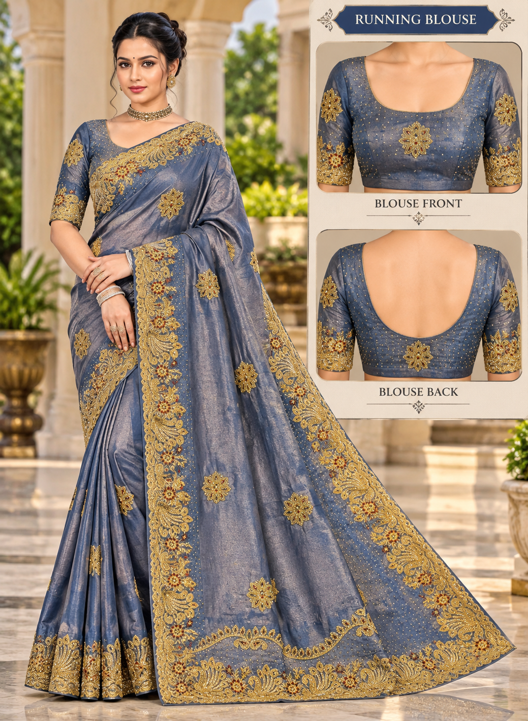 Slate Blue Textured Silk Saree with Heavy Zardozi Embroidery & Floral Motifs