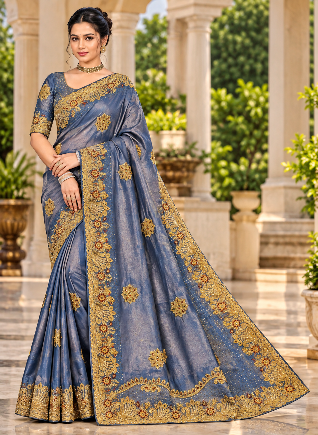 Slate Blue Textured Silk Saree with Heavy Zardozi Embroidery & Floral Motifs