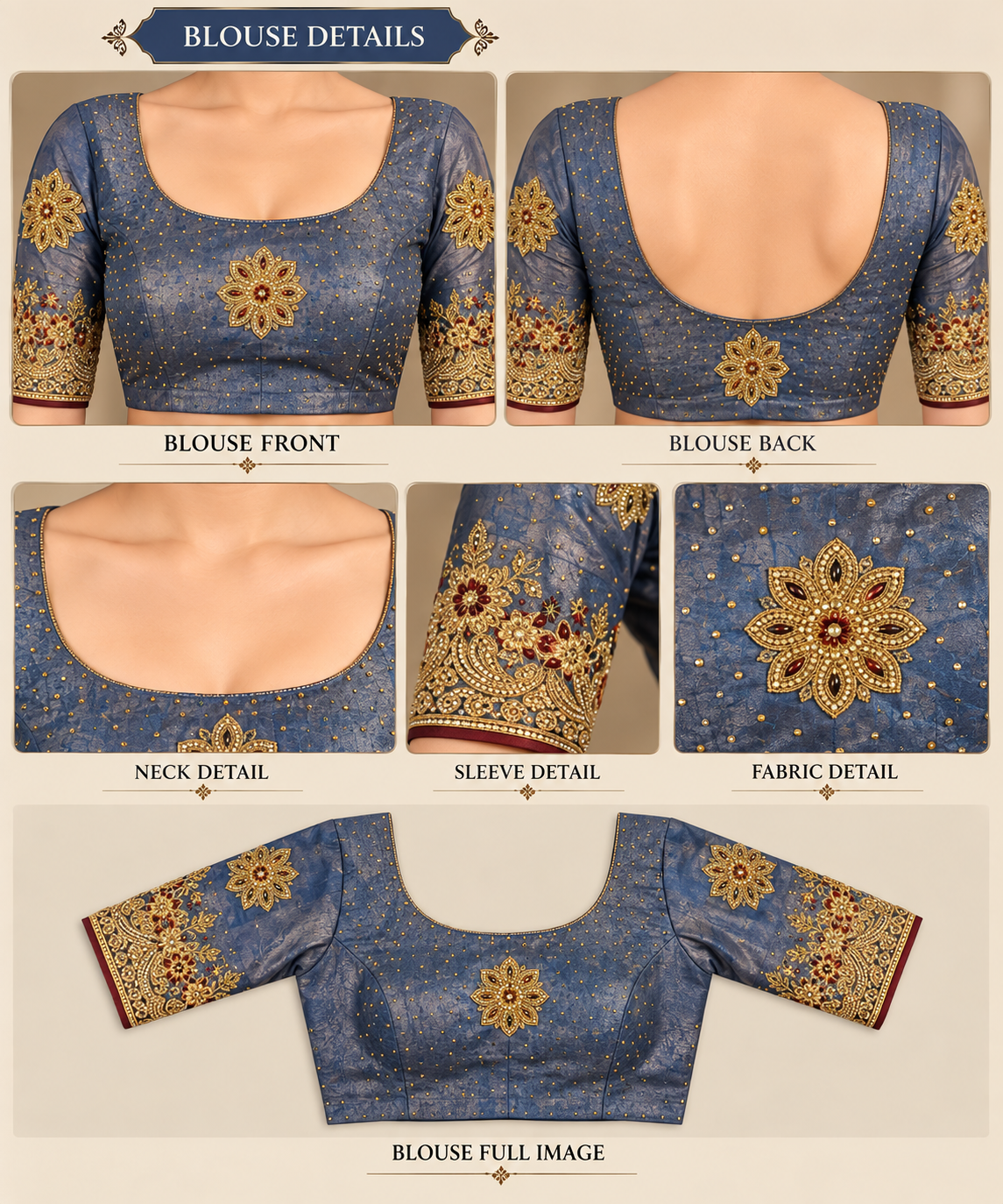 Slate Blue Textured Silk Saree with Heavy Zardozi Embroidery & Floral Motifs