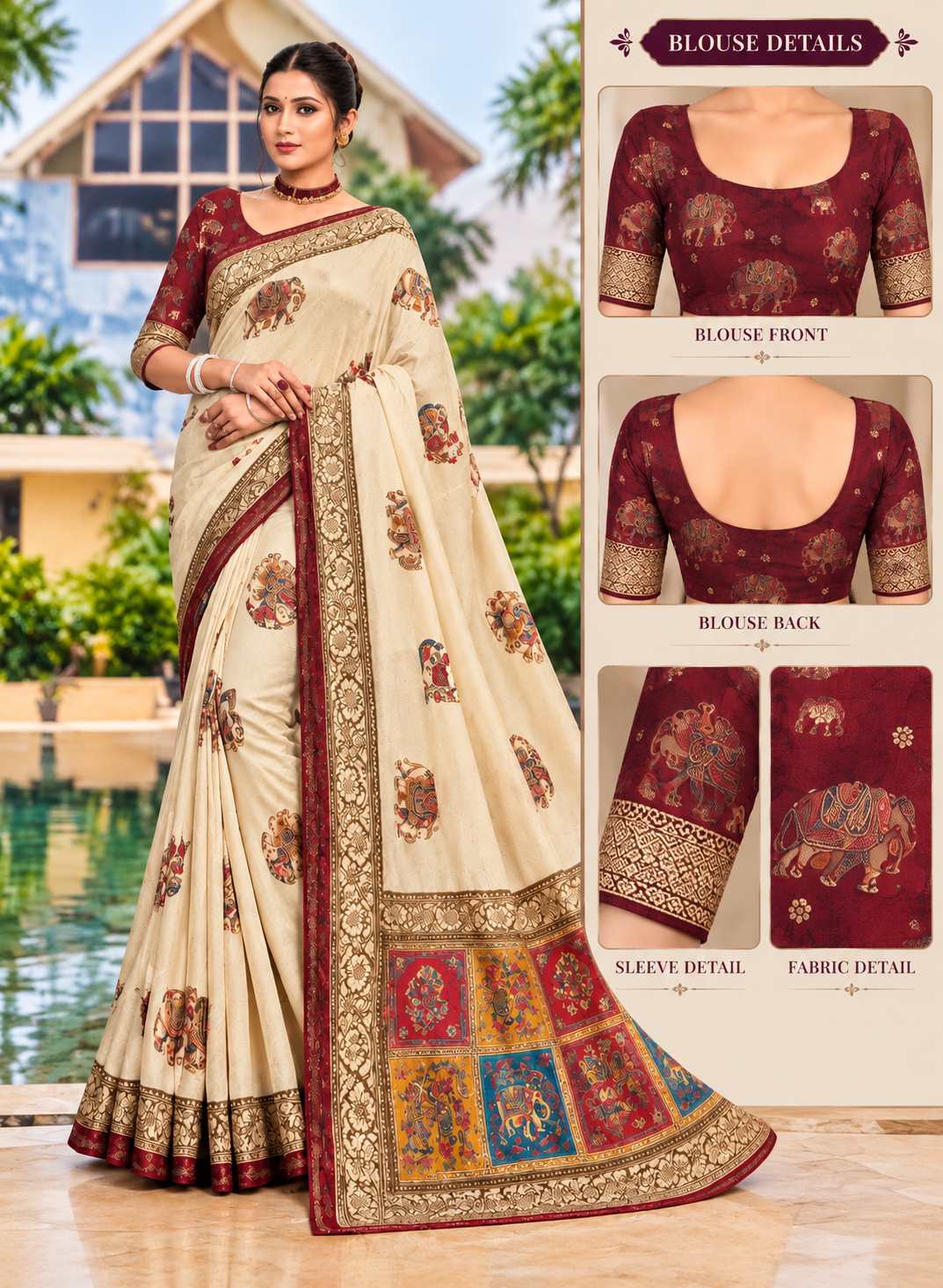Cream Silk Saree with Kalamkari Elephant Prints & Maroon Contrast Zari Border