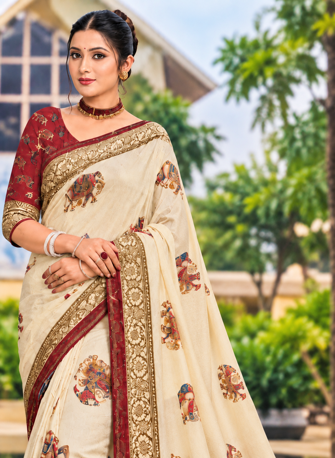 Cream Silk Saree with Kalamkari Elephant Prints & Maroon Contrast Zari Border