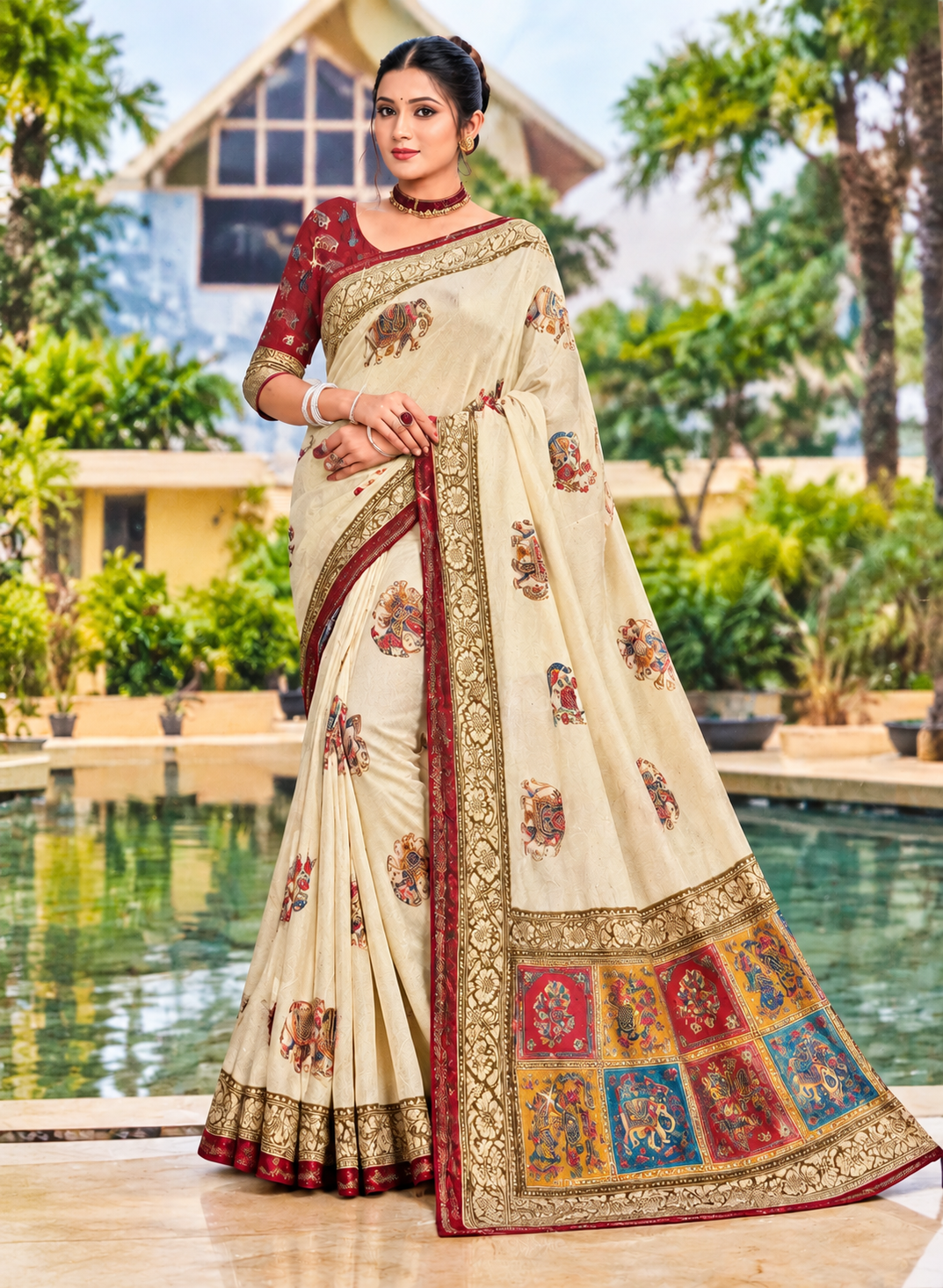 Cream Silk Saree with Kalamkari Elephant Prints & Maroon Contrast Zari Border