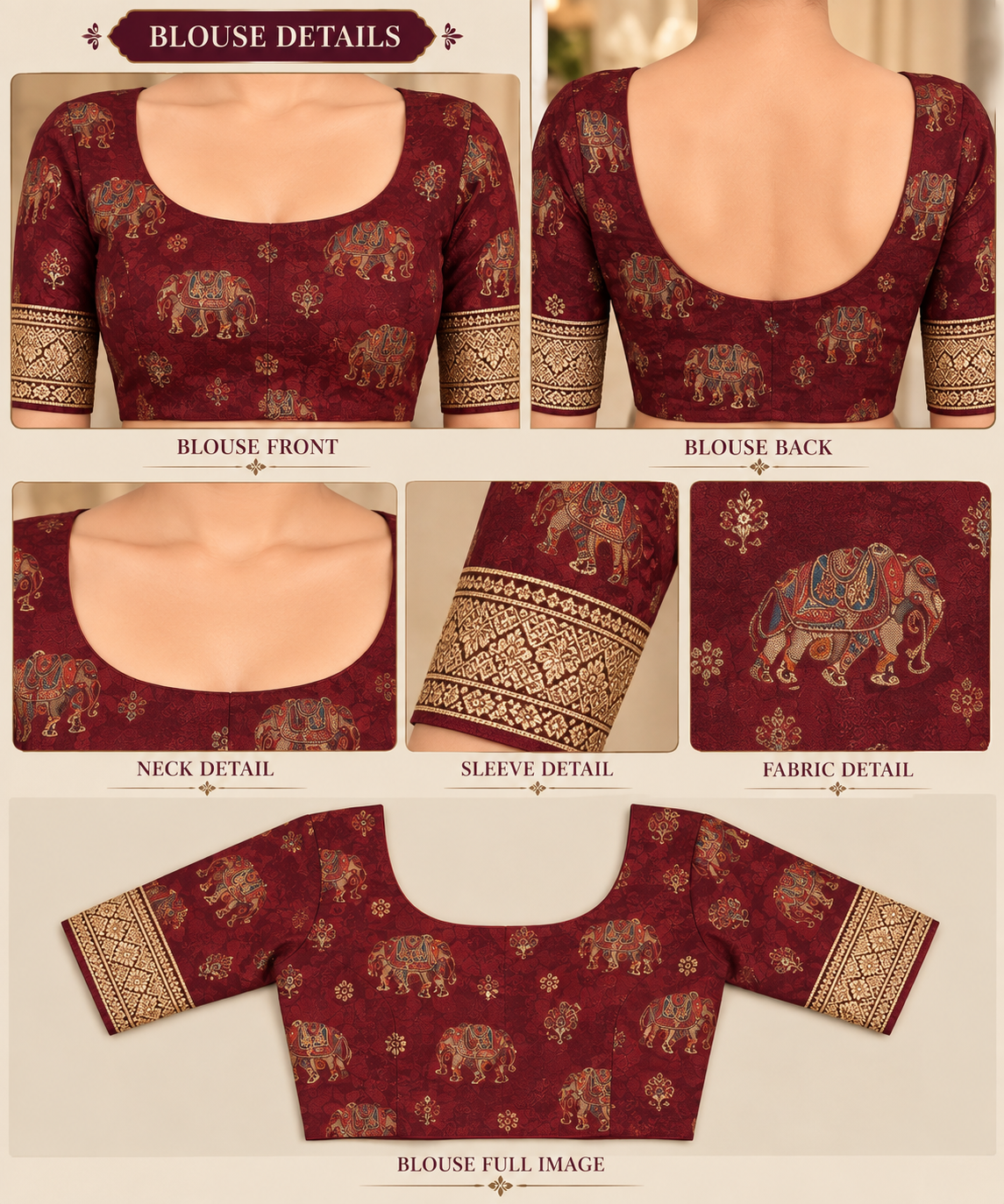 Cream Silk Saree with Kalamkari Elephant Prints & Maroon Contrast Zari Border