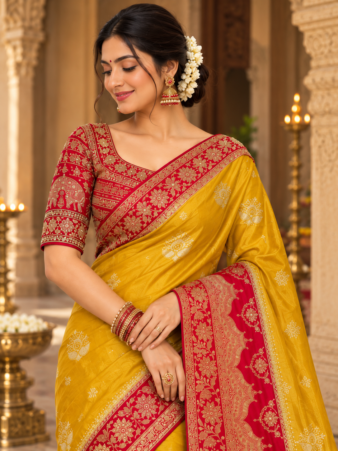 Mustard Yellow Silk Saree with Crimson Red Banarasi Zari Border & Embroidered Blouse