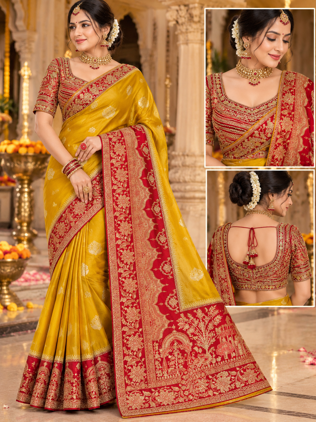 Mustard Yellow Silk Saree with Crimson Red Banarasi Zari Border & Embroidered Blouse