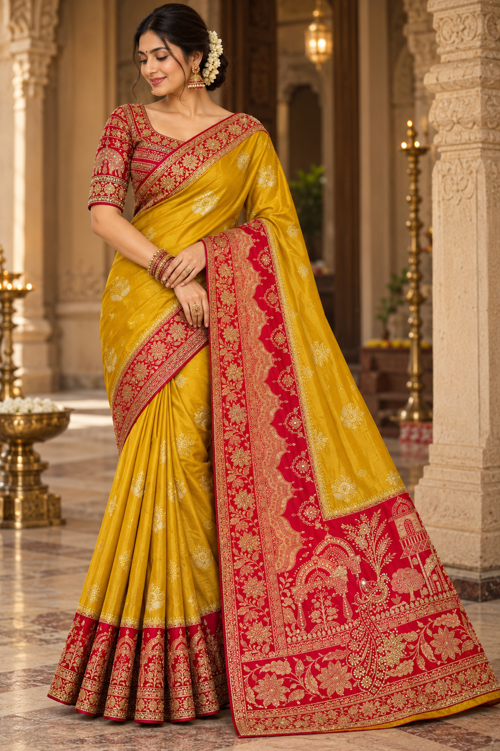 Mustard Yellow Silk Saree with Crimson Red Banarasi Zari Border & Embroidered Blouse