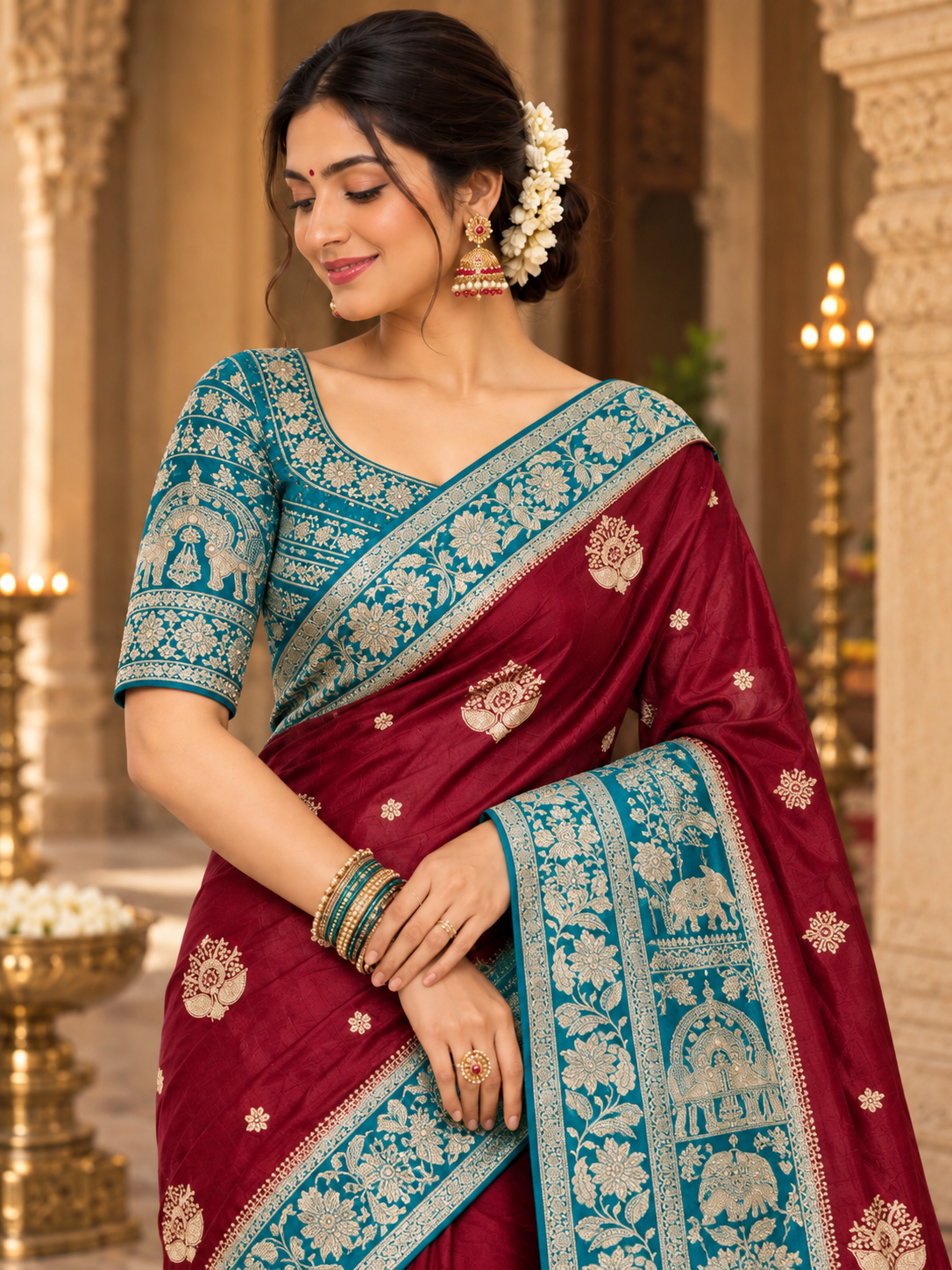 Maroon Silk Saree with Teal Blue Banarasi Zari Border & Contrast Blouse