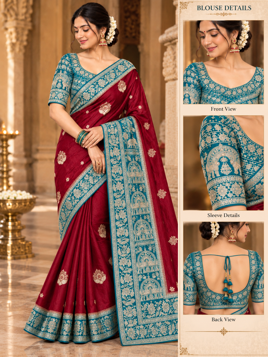 Maroon Silk Saree with Teal Blue Banarasi Zari Border & Contrast Blouse