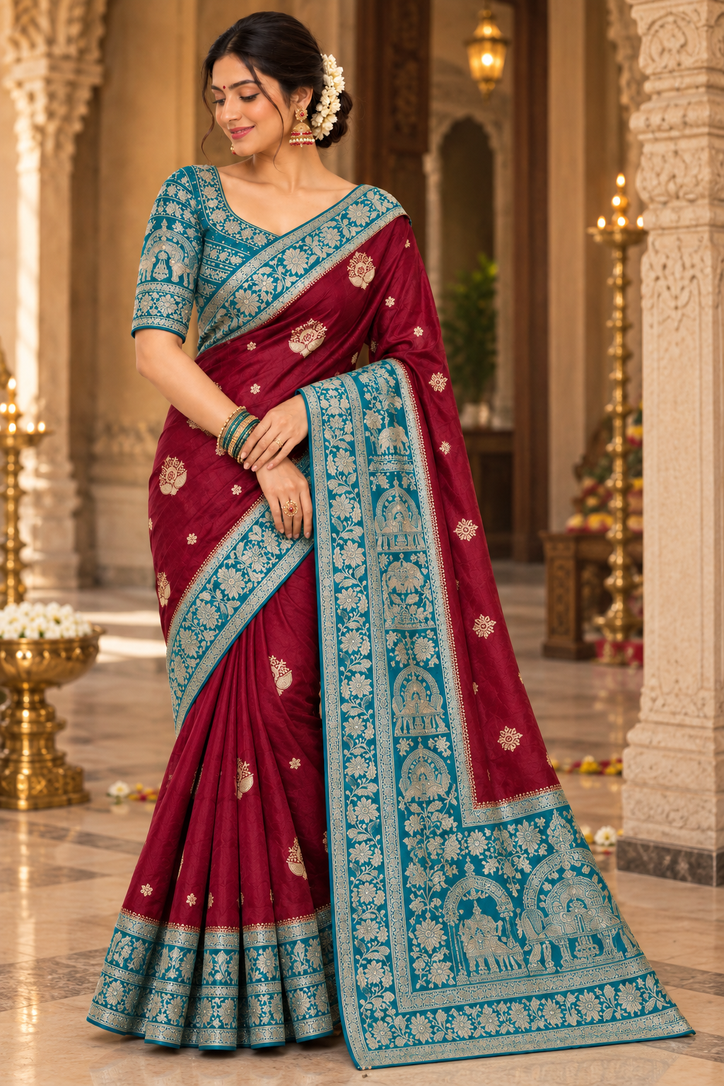 Maroon Silk Saree with Teal Blue Banarasi Zari Border & Contrast Blouse