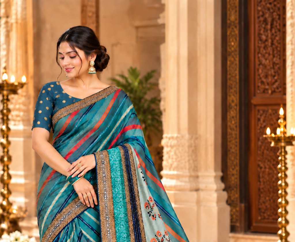 Teal Blue Striped Georgette Saree with Mirror Work Border & Polka Dot Blouse