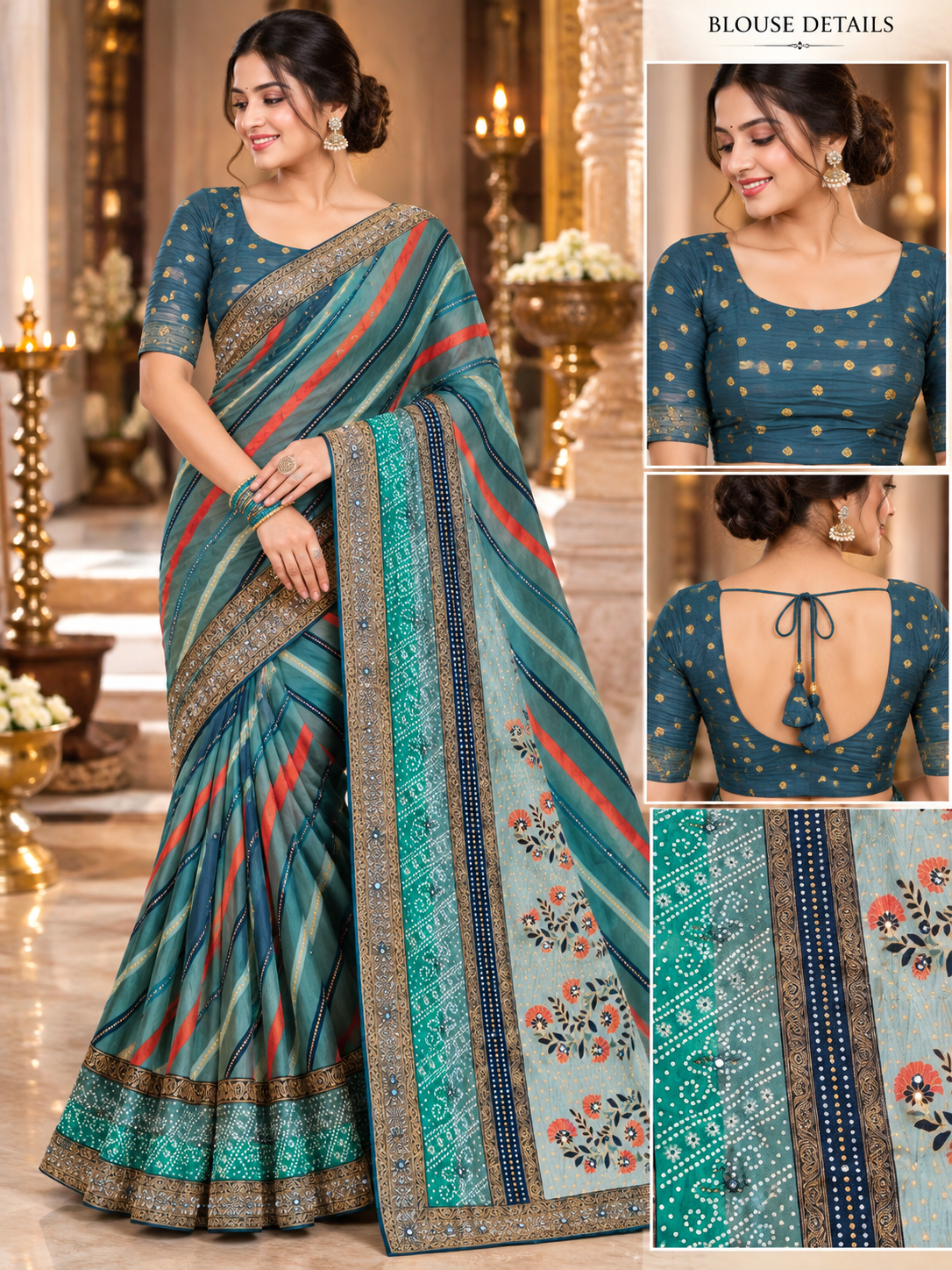 Teal Blue Striped Georgette Saree with Mirror Work Border & Polka Dot Blouse