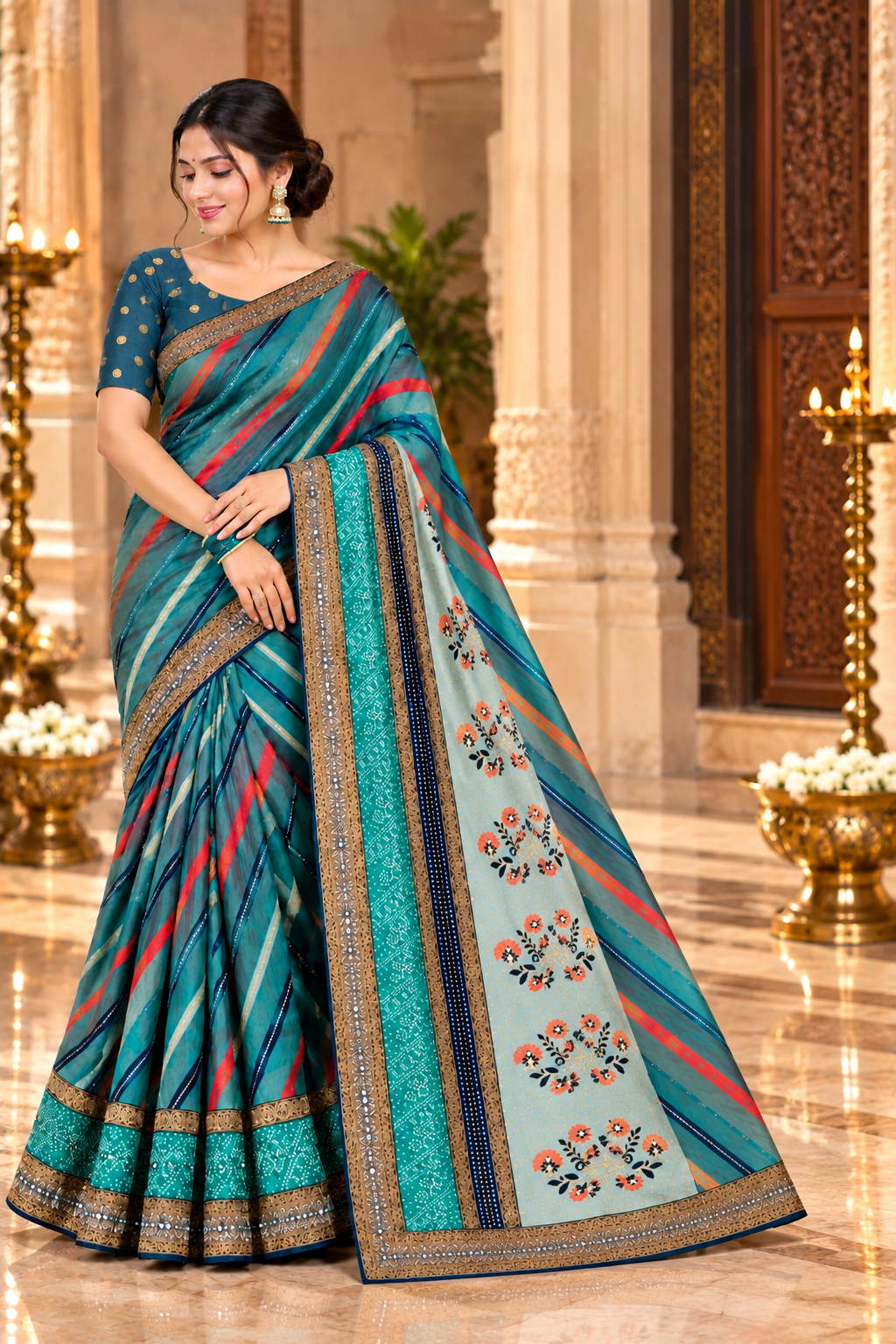 Teal Blue Striped Georgette Saree with Mirror Work Border & Polka Dot Blouse
