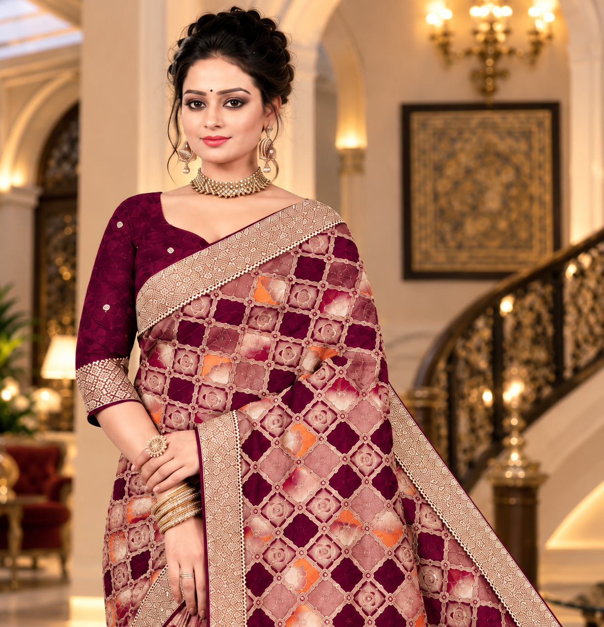 Deep Wine Purple Silk Saree with Geometric Jaal &amp; Gold Zari Embroidered Lace Border