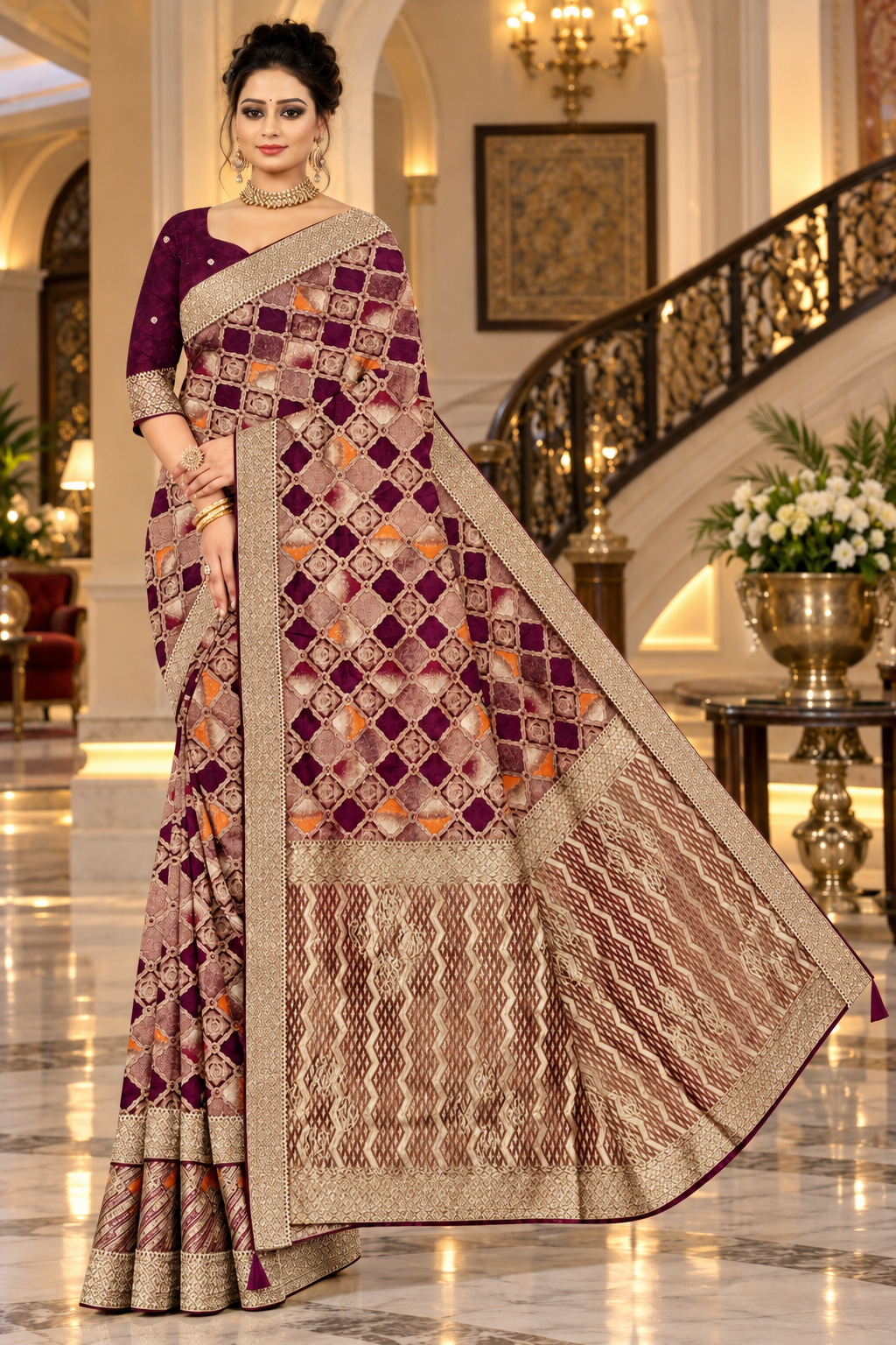 Deep Wine Purple Silk Saree with Geometric Jaal &amp; Gold Zari Embroidered Lace Border