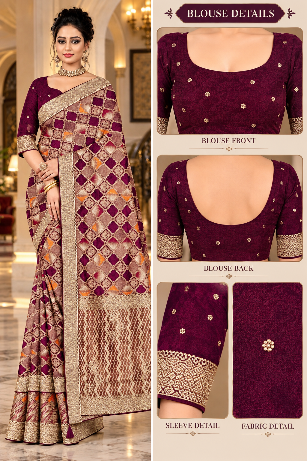 Deep Wine Purple Silk Saree with Geometric Jaal &amp; Gold Zari Embroidered Lace Border