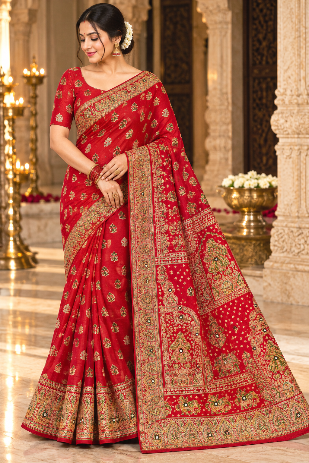 Crimson Red Silk Saree with Traditional Patola & Bandhani Print, Mirror Work Pallu