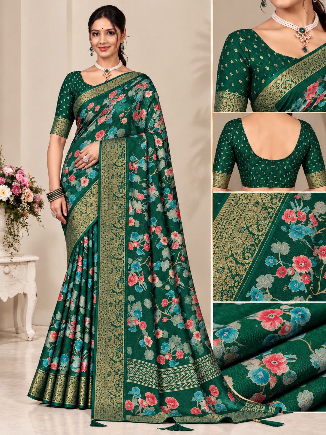 Bottle Green Floral Printed Saree with Golden Zari Border