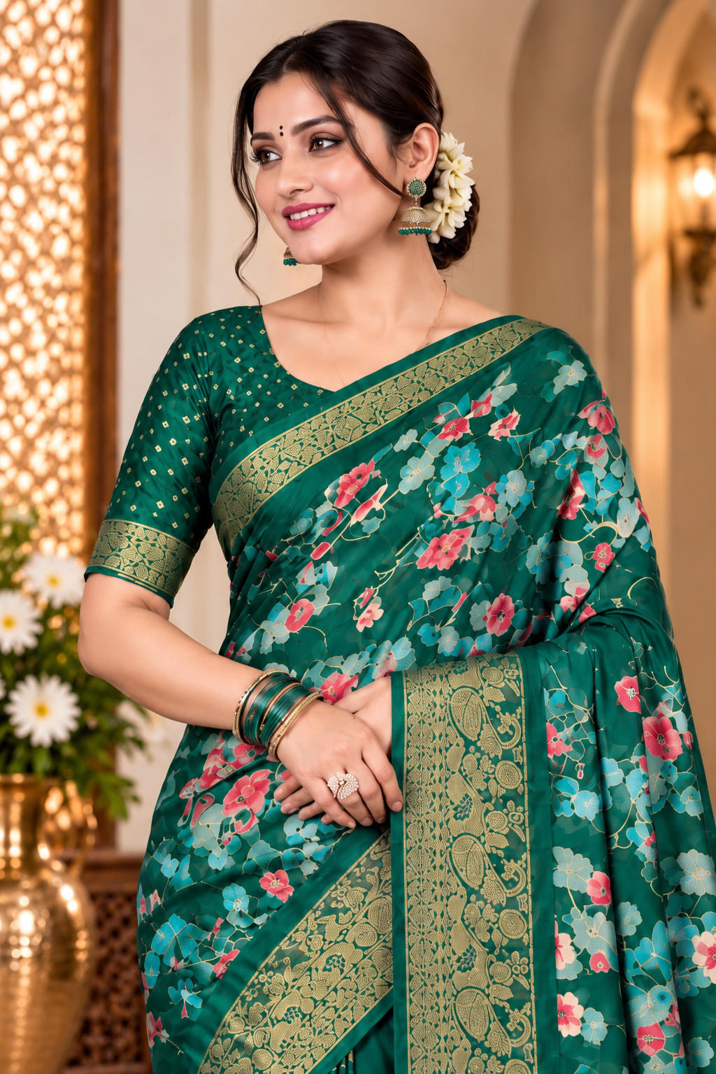 Bottle Green Floral Printed Saree with Golden Zari Border